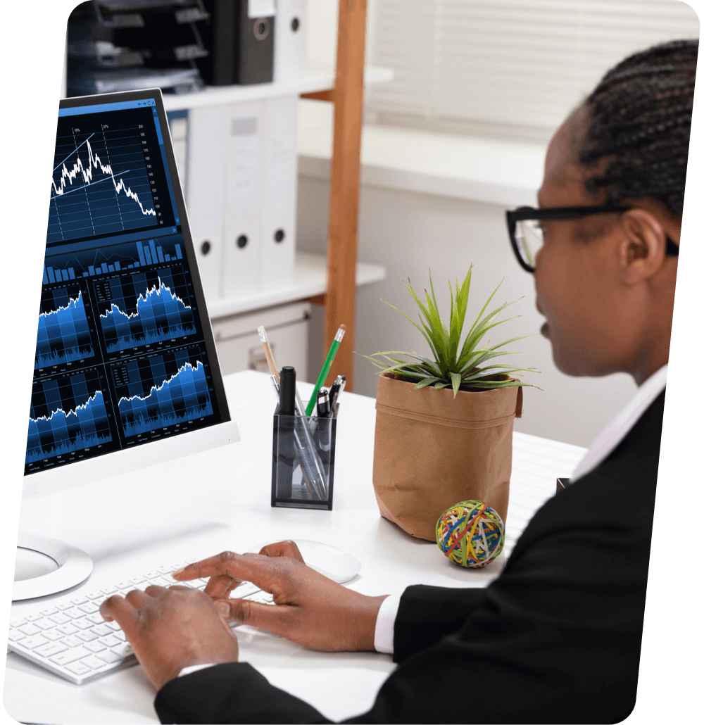 Woman working on a computer.